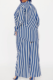 Black Casual Striped Print Pocket Buckle Patchwork Turndown Collar Plus Size Two Pieces