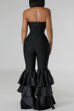 Black Sexy Casual Solid Color Backless Patchwork Strapless Skinny Jumpsuits