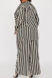 Black Casual Striped Print Pocket Buckle Patchwork Turndown Collar Plus Size Two Pieces