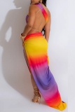 Colour Sexy Print Hollow Out Backless Slit Irregular Oblique Collar Long Dresses