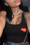 Black Casual Lips Print Backless Patchwork U Neck Tops