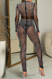 Black Sexy See-Through Hot Drill Zipper Patchwork O Neck Skinny Jumpsuits