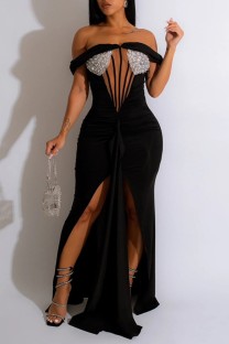 Black Sexy Formal Prom Patchwork Backless Slit Off Shoulder Evening Dresses