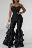 Black Sexy Casual Solid Color Backless Patchwork Strapless Skinny Jumpsuits