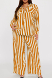 Black Casual Striped Print Pocket Buckle Patchwork Turndown Collar Plus Size Two Pieces