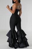 Black Sexy Casual Solid Color Backless Patchwork Strapless Skinny Jumpsuits