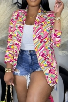 Pink Casual Print Cardigan Turn-back Collar Plus Size Overcoat