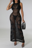 Rose Red Street Solid Color Ripped See-Through Patchwork O Neck Long Dresses