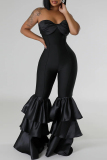 Black Sexy Casual Solid Color Backless Patchwork Strapless Skinny Jumpsuits