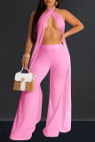 Yellow Sexy Solid Color Hollow Out Backless Patchwork Halter Sleeveless Two Pieces