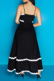 Black Casual Ripple Patchwork Backless Contrast Spaghetti Strap Long Dresses