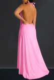 Yellow Sexy Solid Color Hollow Out Backless Patchwork Halter Sleeveless Two Pieces