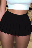 Black Casual Solid Color Pleated Regular High Waist Conventional Solid Color Skirts