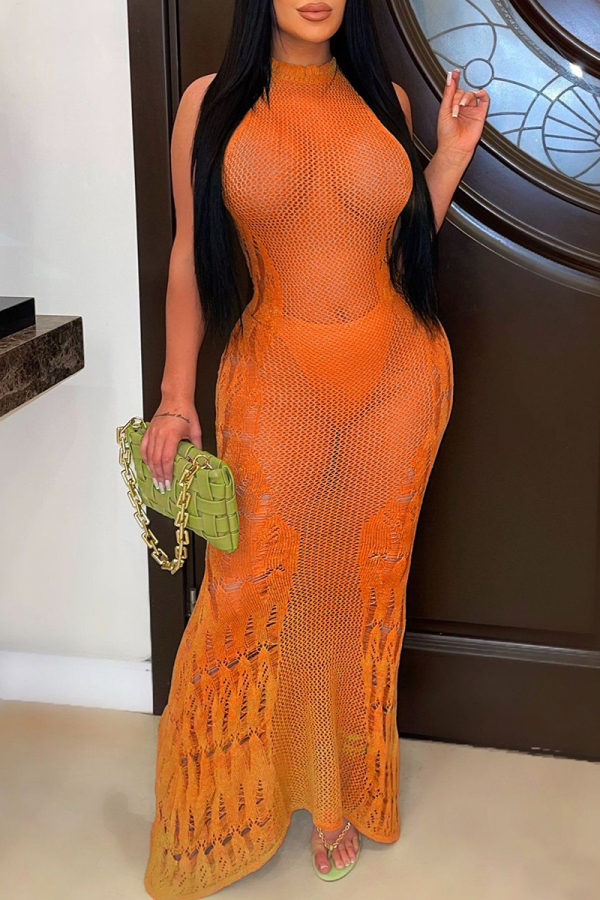 Orange Street Solid Color Ripped See-Through Patchwork O Neck Long Dresses