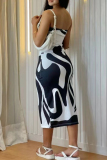 Black Celebrities Print Backless Slit Patchwork Strapless Long Dresses