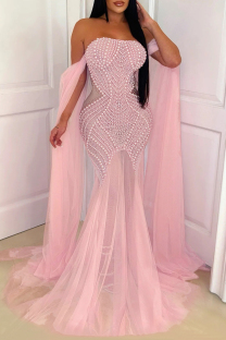Pink Sexy Formal Solid Color Patchwork Backless Pearls Decor Hot Drill Strapless Evening Dresses