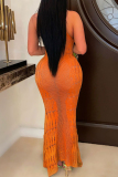 Rose Red Street Solid Color Ripped See-Through Patchwork O Neck Long Dresses