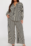 Black Casual Striped Print Pocket Buckle Patchwork Turndown Collar Plus Size Two Pieces