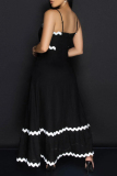 Black Casual Ripple Patchwork Backless Contrast Spaghetti Strap Long Dresses