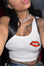 White Casual Lips Print Backless Patchwork U Neck Tops