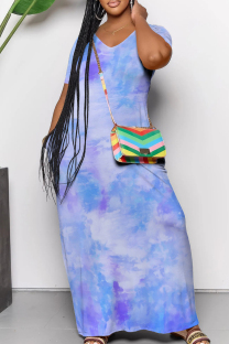 Blue Casual Gradient Color Pocket Patchwork V Neck Straight Dresses
