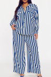 Black Casual Striped Print Pocket Buckle Patchwork Turndown Collar Plus Size Two Pieces