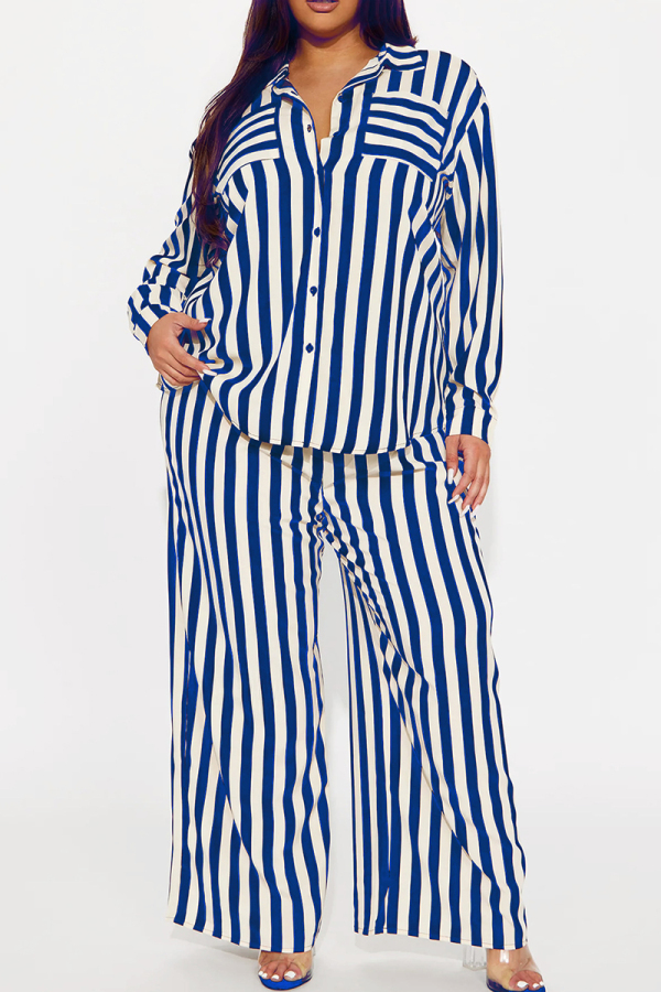 Blue Casual Striped Print Pocket Buckle Patchwork Turndown Collar Plus Size Two Pieces