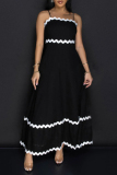 Black Casual Ripple Patchwork Backless Contrast Spaghetti Strap Long Dresses