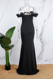 Black Sexy Formal Prom Patchwork Backless Slit Off Shoulder Evening Dresses