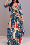 Dark Blue Red Casual Print Strap Design Patchwork V Neck Long Dresses