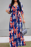 Dark Blue Red Casual Print Strap Design Patchwork V Neck Long Dresses