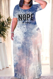 Blue White Casual Street Gradient Print Letter Print O Neck Printed Dresses