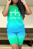 Green Yellow Casual Daily Gradient Print Letter Print Contrast O Neck Short Sleeve Two Pieces