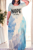Blue White Casual Street Gradient Print Letter Print O Neck Printed Dresses