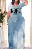 Blue White Casual Street Gradient Print Letter Print O Neck Printed Dresses