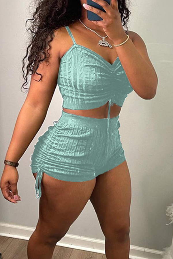 Green Casual Solid Color Draw String Backless Ruched Patchwork Spaghetti Strap Sleeveless Two Pieces