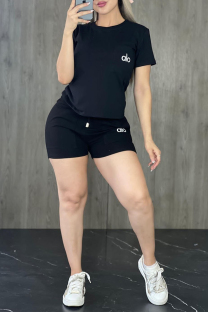 Black Casual Daily Letter Print Embroidered O Neck Short Sleeve Two Pieces