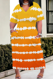 Orange Casual Street Striped Print Pocket Contrast V Neck Printed Plus Size Dresses