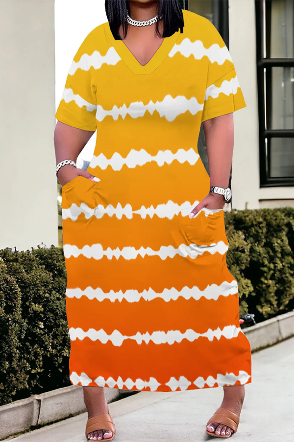 Orange Casual Street Striped Print Pocket Contrast V Neck Printed Plus Size Dresses