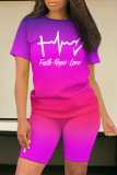 Green Yellow Casual Daily Gradient Print Letter Print Contrast O Neck Short Sleeve Two Pieces