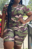 Red Casual Camouflage Print Patchwork O Neck Plus Size Two Pieces