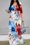 Dark Blue Red Casual Print Strap Design Patchwork V Neck Long Dresses