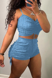 Green Casual Solid Color Draw String Backless Ruched Patchwork Spaghetti Strap Sleeveless Two Pieces
