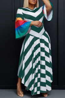 Green Casual Print Patchwork V Neck One Step Skirt Dresses