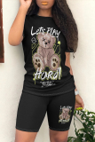 Brown Casual Cartoon Print O Neck Short Sleeve Two Pieces