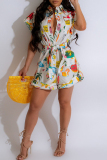 White Casual Print Buckle Strap Design Patchwork Turndown Collar Loose Rompers