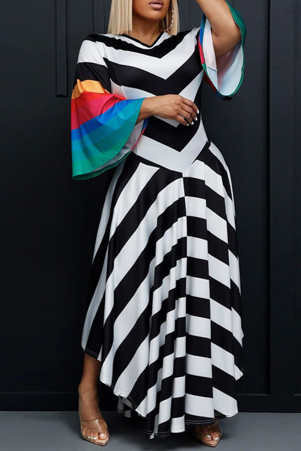 Black Casual Print Patchwork V Neck One Step Skirt Dresses