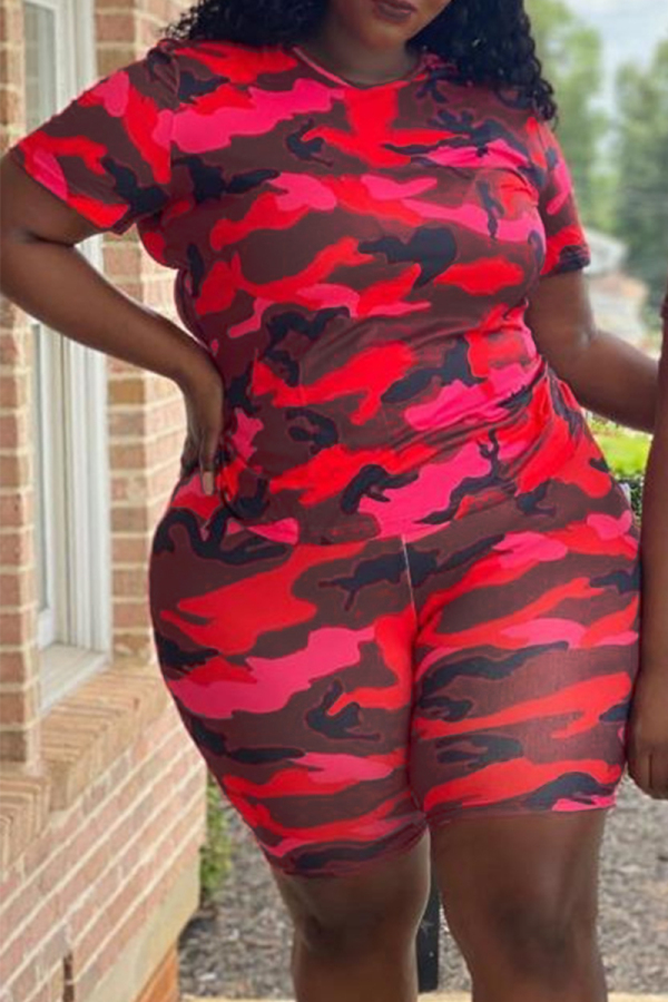 Red Casual Camouflage Print Patchwork O Neck Plus Size Two Pieces