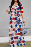 Dark Blue Red Casual Print Strap Design Patchwork V Neck Long Dresses