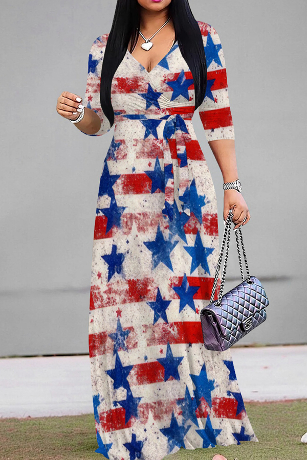 White Blue Casual Print Strap Design Patchwork V Neck Long Dresses